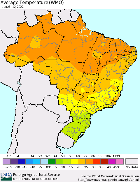 Brazil Average Temperature (WMO) Thematic Map For 6/6/2022 - 6/12/2022