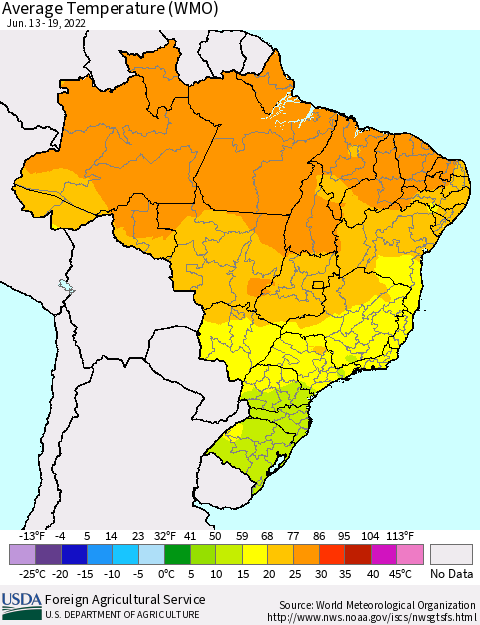 Brazil Average Temperature (WMO) Thematic Map For 6/13/2022 - 6/19/2022