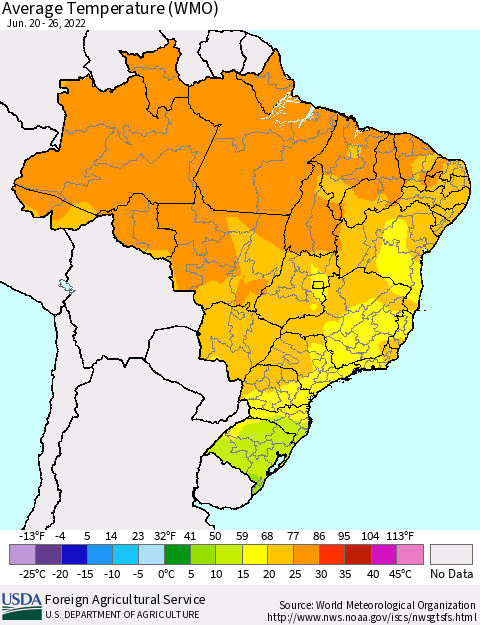 Brazil Average Temperature (WMO) Thematic Map For 6/20/2022 - 6/26/2022