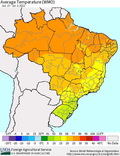Brazil Average Temperature (WMO) Thematic Map For 6/27/2022 - 7/3/2022