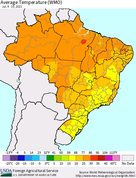 Brazil Average Temperature (WMO) Thematic Map For 7/4/2022 - 7/10/2022