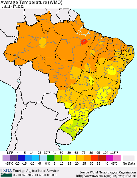 Brazil Average Temperature (WMO) Thematic Map For 7/11/2022 - 7/17/2022