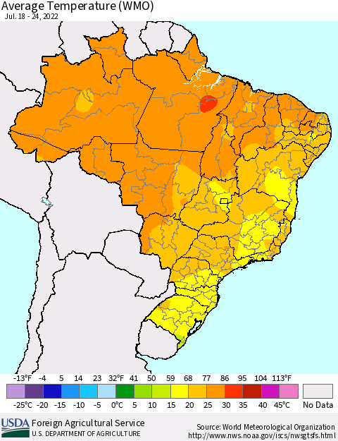 Brazil Average Temperature (WMO) Thematic Map For 7/18/2022 - 7/24/2022