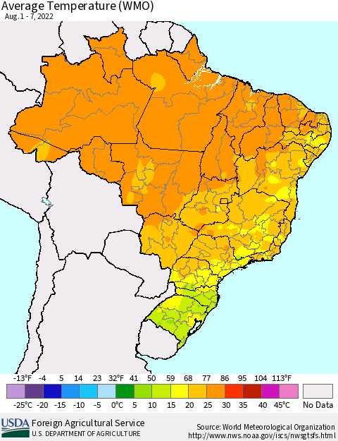 Brazil Average Temperature (WMO) Thematic Map For 8/1/2022 - 8/7/2022