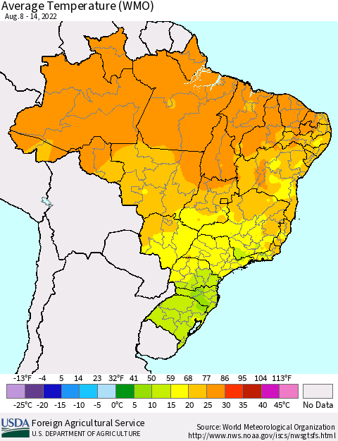 Brazil Average Temperature (WMO) Thematic Map For 8/8/2022 - 8/14/2022