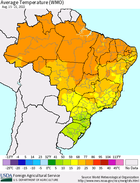 Brazil Average Temperature (WMO) Thematic Map For 8/15/2022 - 8/21/2022