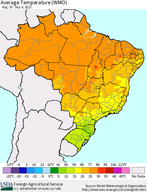 Brazil Average Temperature (WMO) Thematic Map For 8/29/2022 - 9/4/2022