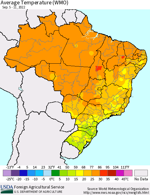 Brazil Average Temperature (WMO) Thematic Map For 9/5/2022 - 9/11/2022