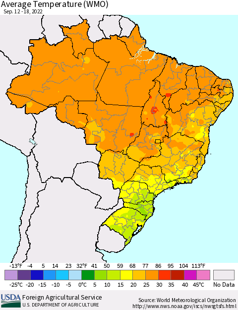 Brazil Average Temperature (WMO) Thematic Map For 9/12/2022 - 9/18/2022