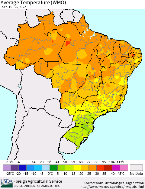 Brazil Average Temperature (WMO) Thematic Map For 9/19/2022 - 9/25/2022