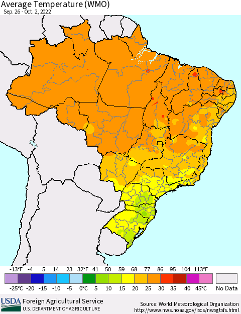 Brazil Average Temperature (WMO) Thematic Map For 9/26/2022 - 10/2/2022