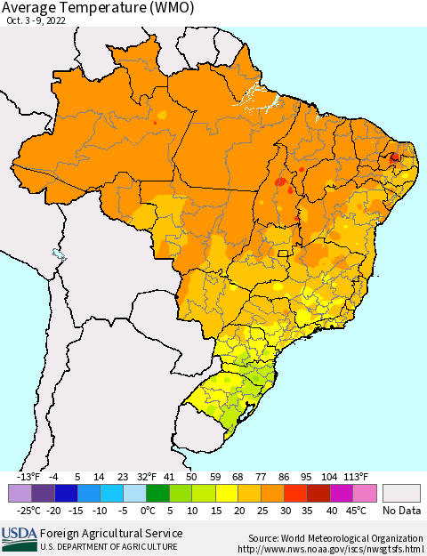 Brazil Average Temperature (WMO) Thematic Map For 10/3/2022 - 10/9/2022