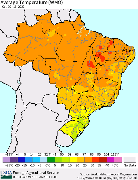 Brazil Average Temperature (WMO) Thematic Map For 10/10/2022 - 10/16/2022
