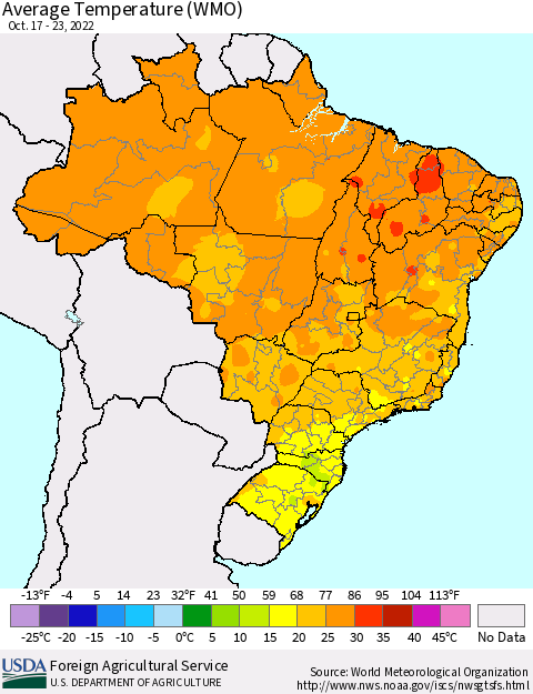 Brazil Average Temperature (WMO) Thematic Map For 10/17/2022 - 10/23/2022