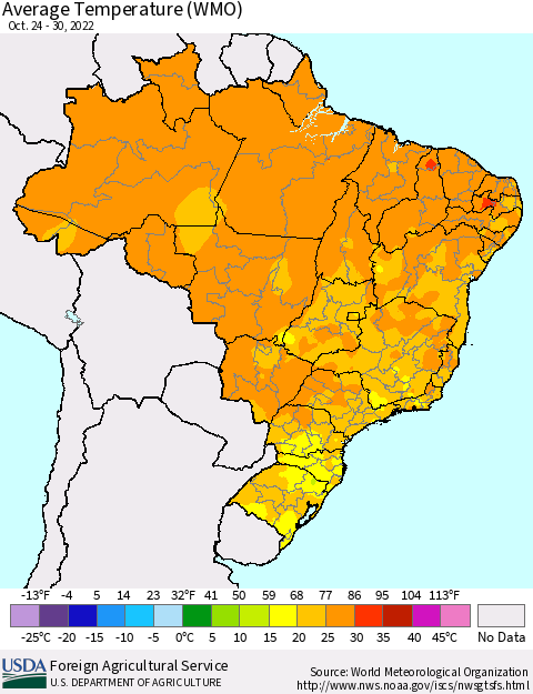 Brazil Average Temperature (WMO) Thematic Map For 10/24/2022 - 10/30/2022