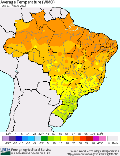 Brazil Average Temperature (WMO) Thematic Map For 10/31/2022 - 11/6/2022
