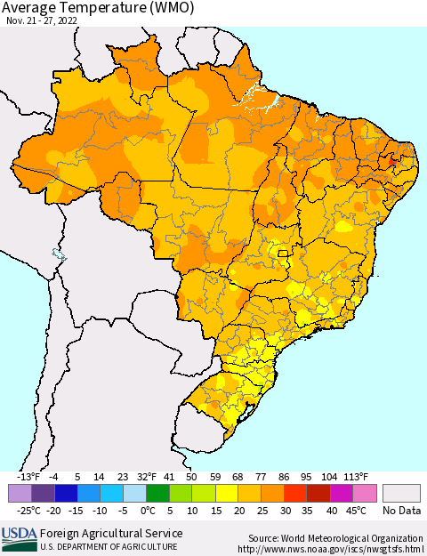 Brazil Average Temperature (WMO) Thematic Map For 11/21/2022 - 11/27/2022