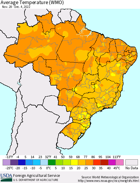 Brazil Average Temperature (WMO) Thematic Map For 11/28/2022 - 12/4/2022