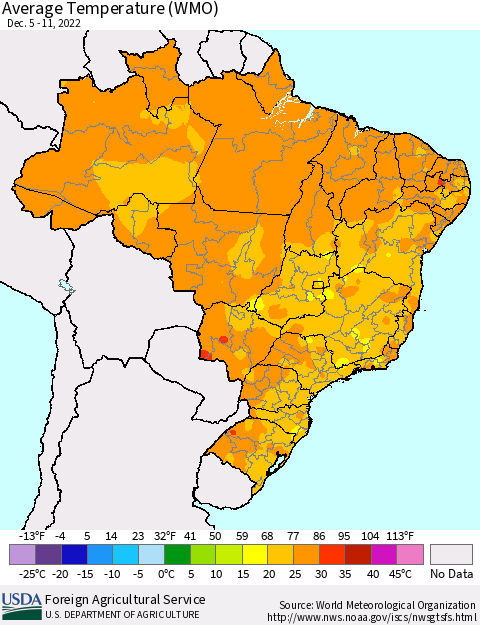 Brazil Average Temperature (WMO) Thematic Map For 12/5/2022 - 12/11/2022