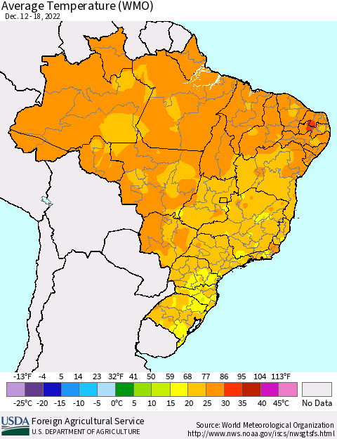 Brazil Average Temperature (WMO) Thematic Map For 12/12/2022 - 12/18/2022