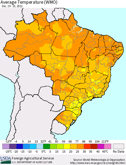 Brazil Average Temperature (WMO) Thematic Map For 12/19/2022 - 12/25/2022