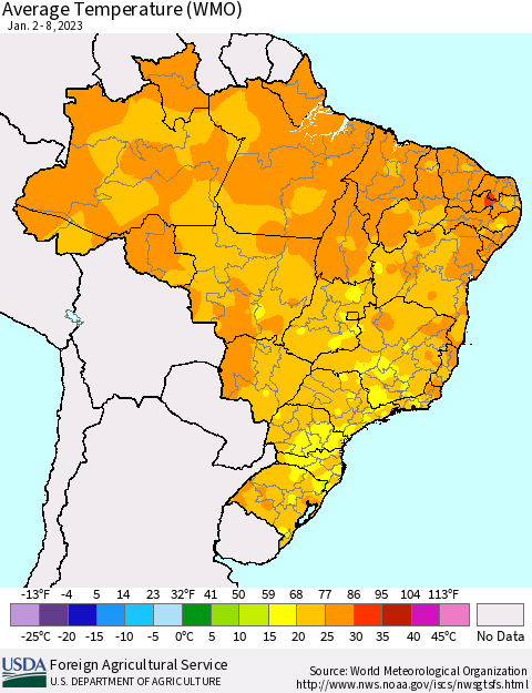 Brazil Average Temperature (WMO) Thematic Map For 1/2/2023 - 1/8/2023