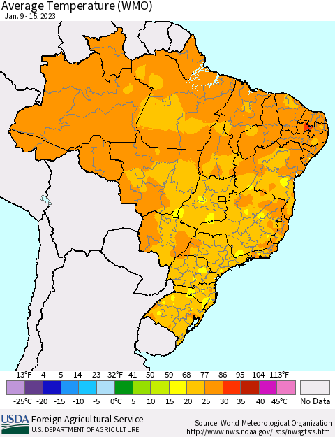 Brazil Average Temperature (WMO) Thematic Map For 1/9/2023 - 1/15/2023