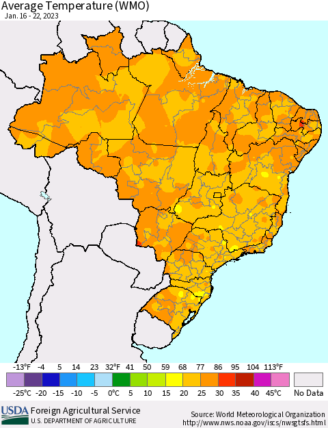 Brazil Average Temperature (WMO) Thematic Map For 1/16/2023 - 1/22/2023