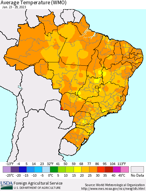 Brazil Average Temperature (WMO) Thematic Map For 1/23/2023 - 1/29/2023