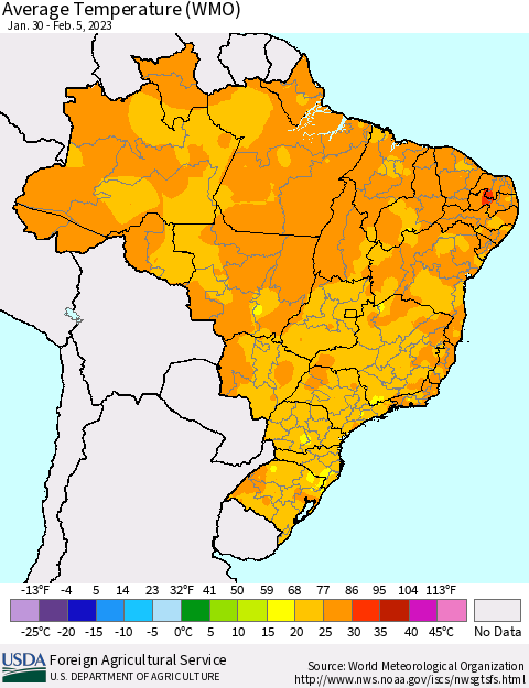 Brazil Average Temperature (WMO) Thematic Map For 1/30/2023 - 2/5/2023