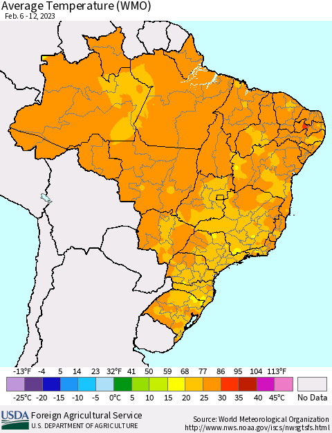 Brazil Average Temperature (WMO) Thematic Map For 2/6/2023 - 2/12/2023