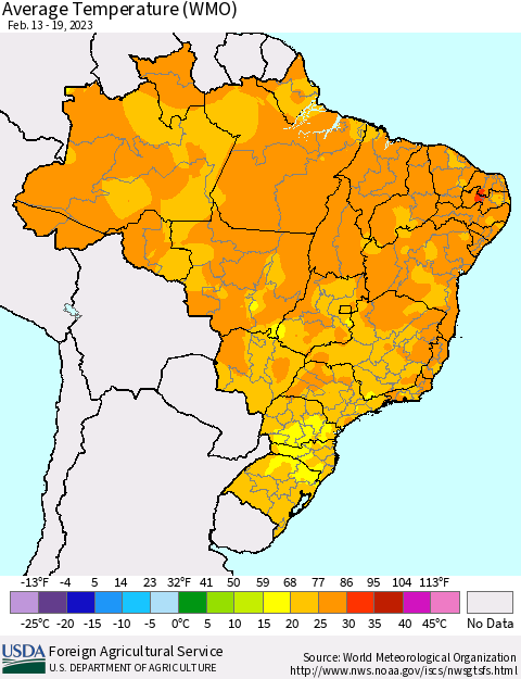 Brazil Average Temperature (WMO) Thematic Map For 2/13/2023 - 2/19/2023