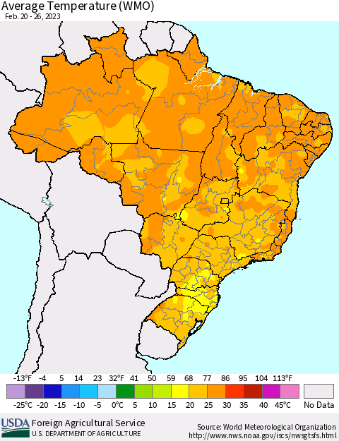 Brazil Average Temperature (WMO) Thematic Map For 2/20/2023 - 2/26/2023