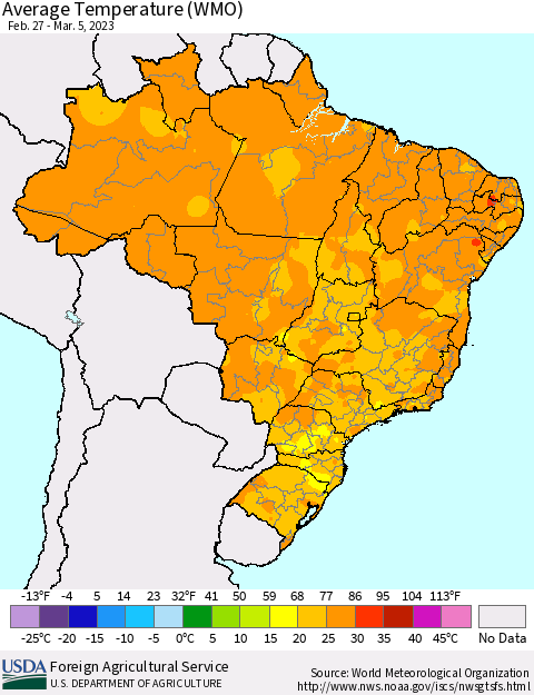 Brazil Average Temperature (WMO) Thematic Map For 2/27/2023 - 3/5/2023