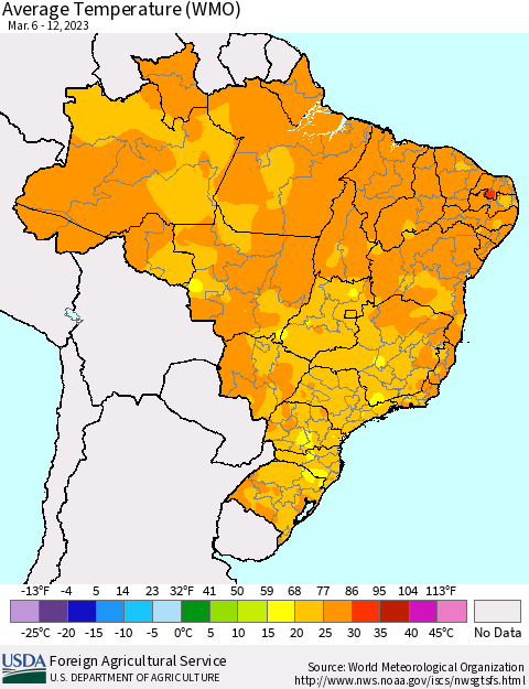 Brazil Average Temperature (WMO) Thematic Map For 3/6/2023 - 3/12/2023