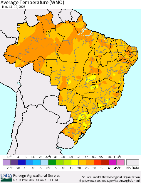 Brazil Average Temperature (WMO) Thematic Map For 3/13/2023 - 3/19/2023