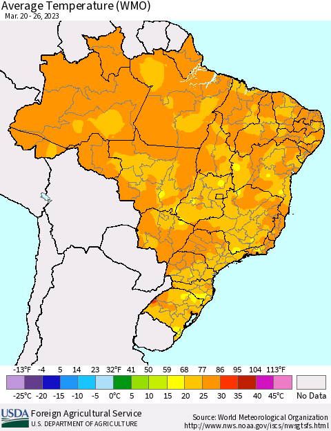 Brazil Average Temperature (WMO) Thematic Map For 3/20/2023 - 3/26/2023