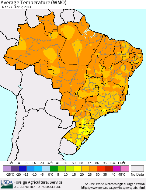 Brazil Average Temperature (WMO) Thematic Map For 3/27/2023 - 4/2/2023