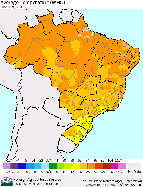 Brazil Average Temperature (WMO) Thematic Map For 4/3/2023 - 4/9/2023