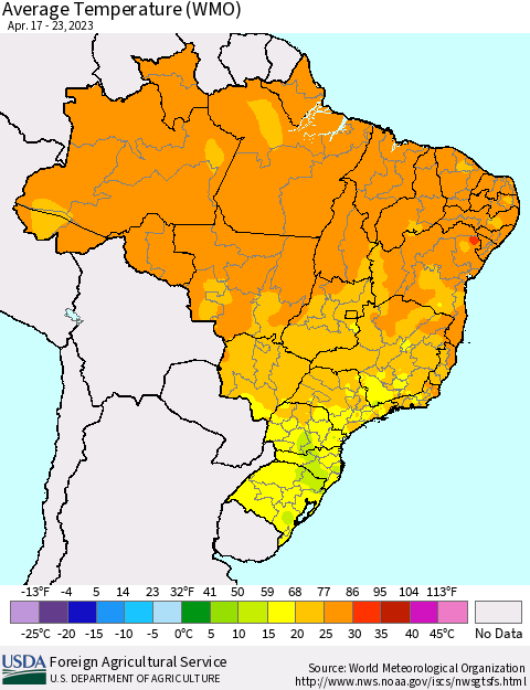 Brazil Average Temperature (WMO) Thematic Map For 4/17/2023 - 4/23/2023