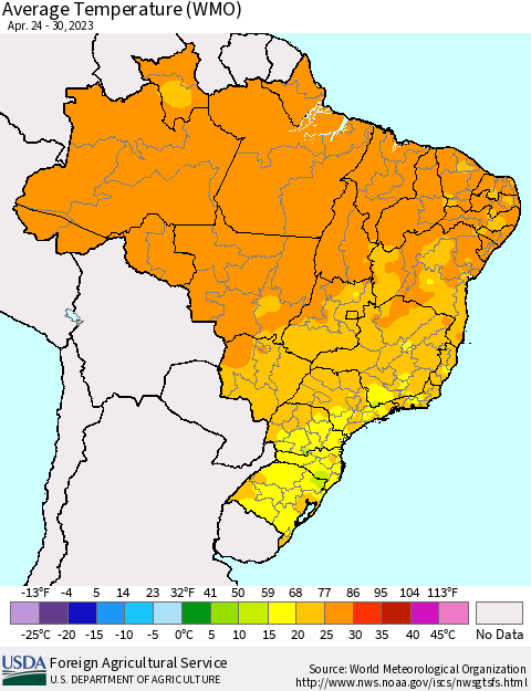 Brazil Average Temperature (WMO) Thematic Map For 4/24/2023 - 4/30/2023