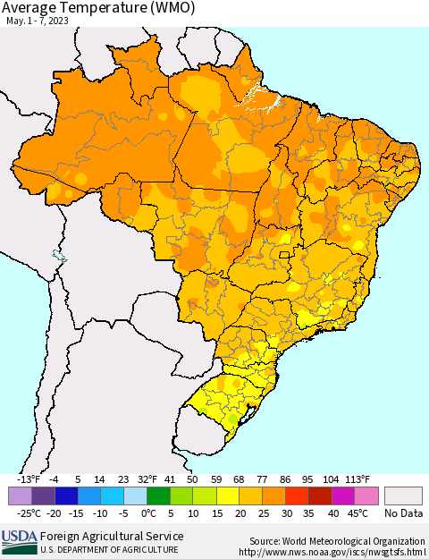 Brazil Average Temperature (WMO) Thematic Map For 5/1/2023 - 5/7/2023
