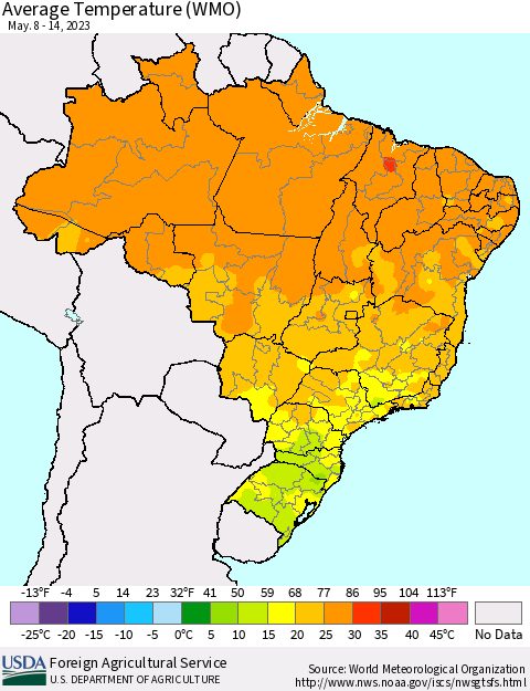 Brazil Average Temperature (WMO) Thematic Map For 5/8/2023 - 5/14/2023