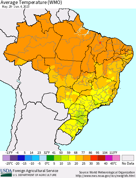 Brazil Average Temperature (WMO) Thematic Map For 5/29/2023 - 6/4/2023