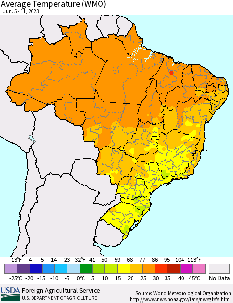 Brazil Average Temperature (WMO) Thematic Map For 6/5/2023 - 6/11/2023