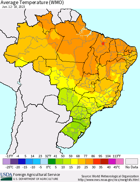 Brazil Average Temperature (WMO) Thematic Map For 6/12/2023 - 6/18/2023