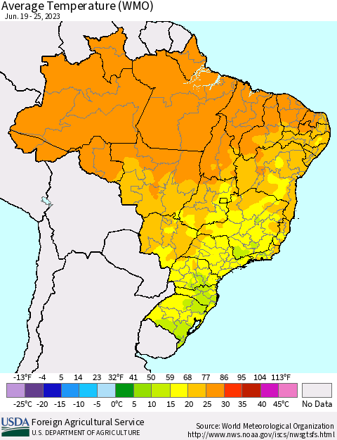 Brazil Average Temperature (WMO) Thematic Map For 6/19/2023 - 6/25/2023