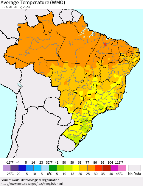 Brazil Average Temperature (WMO) Thematic Map For 6/26/2023 - 7/2/2023