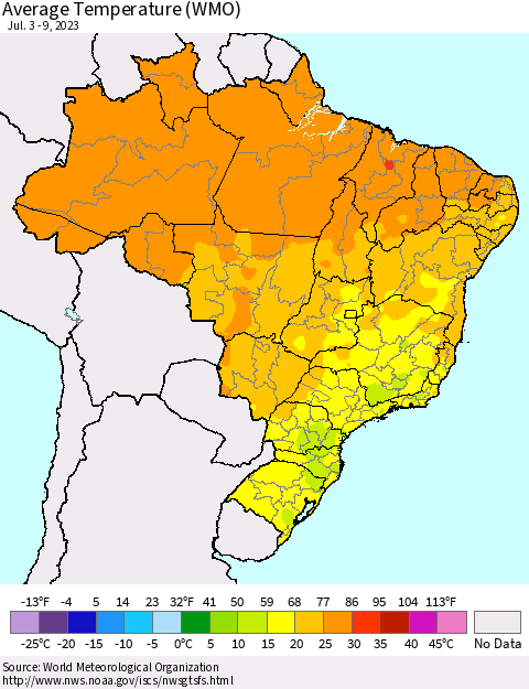 Brazil Average Temperature (WMO) Thematic Map For 7/3/2023 - 7/9/2023