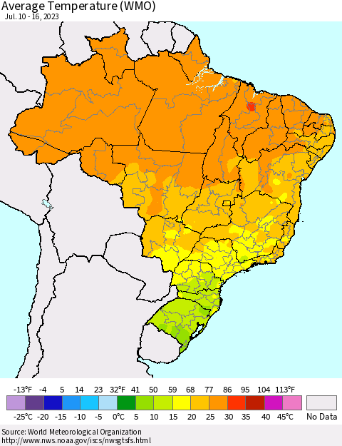 Brazil Average Temperature (WMO) Thematic Map For 7/10/2023 - 7/16/2023
